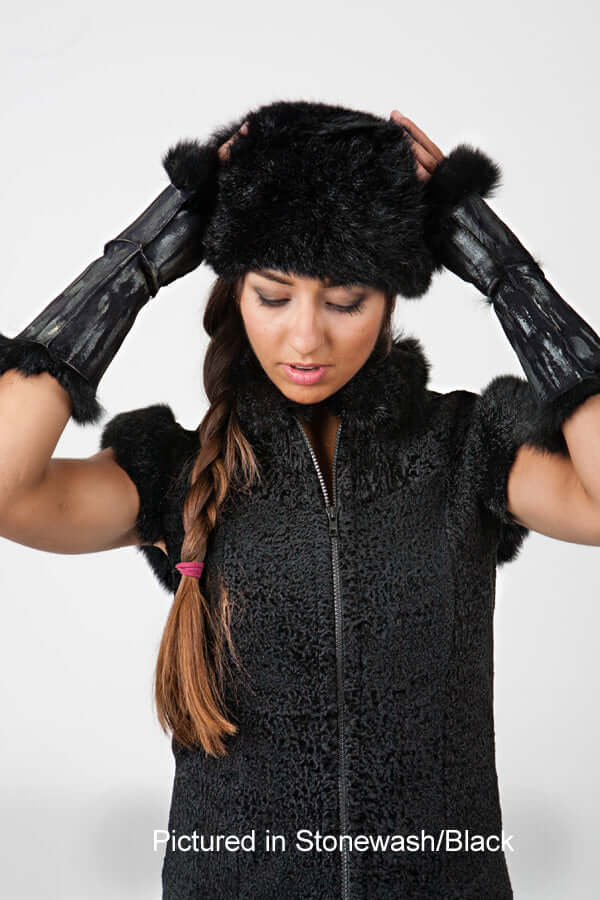 Possum fur gauntlets are women's warm long fingerless gloves hand painted on leather side with fur inside in many colors