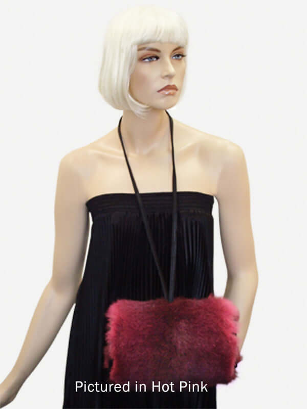 Possum fur muff for women to keep hands warm with fur both sides and leather neck strap in many colors