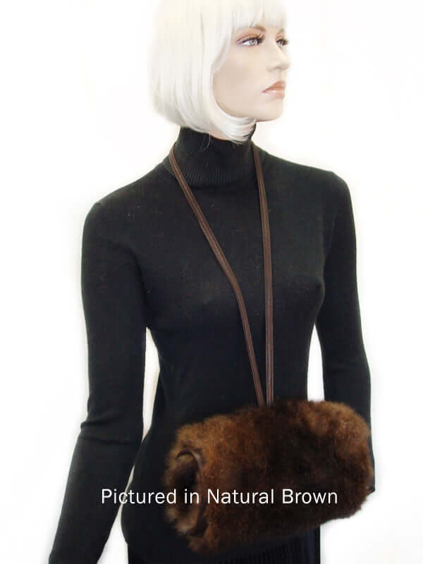 Possum fur muff for women to keep hands warm with fur both sides and leather neck strap in many colors