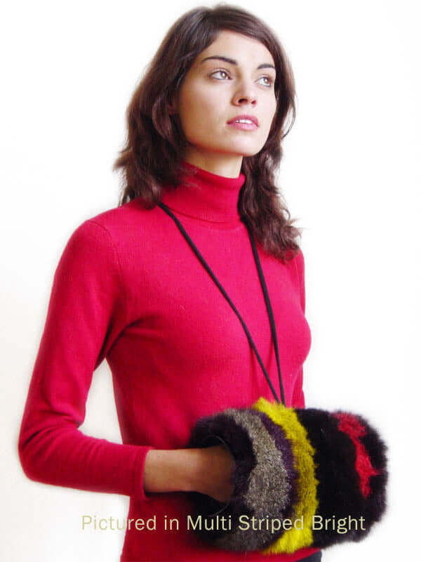 Possum fur striped muff in various colors with fur inside and out with leather neck strap to keep hands warm