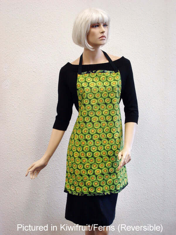 Kiwiana cotton New Zealand kiwifruit & fern print reversible apron for a NZ made souvenir gift