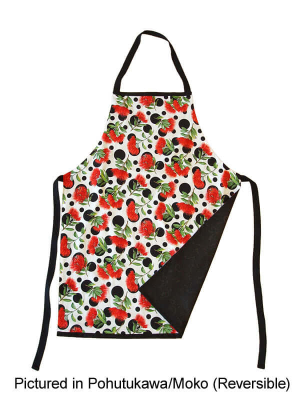 Kiwiana cotton New Zealand pohutukawa and moko print reversible apron for a NZ made souvenir gift