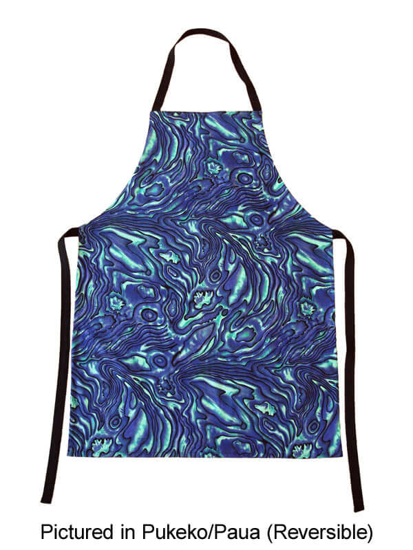 Kiwiana cotton New Zealand Pukeko and paua print reversible apron for a NZ made souvenir gift