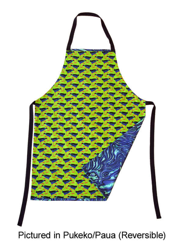 Kiwiana cotton New Zealand Pukeko and paua print reversible apron for a NZ made souvenir gift