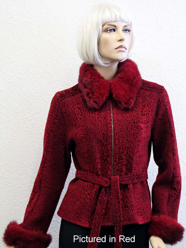 NZ baby lamb shearling women's sheepskin jacket in Astrakhan finish trimmed with NZ possum fur in assorted colors