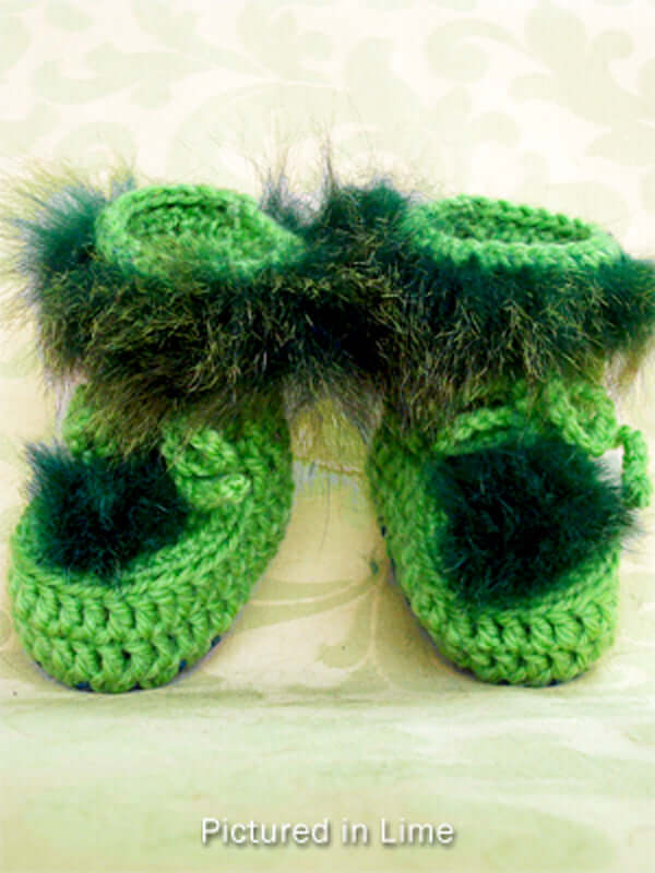 Baby Booties - High cut wool crochet with NZ possum fur trim in lime green