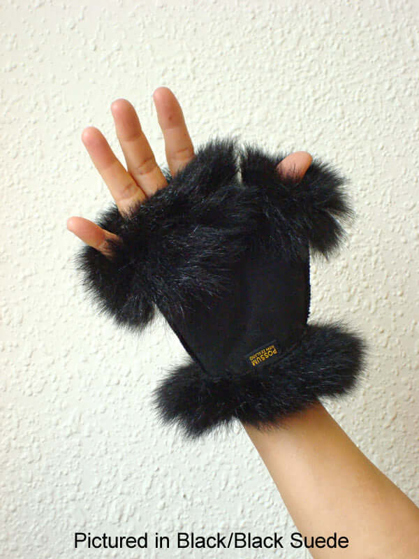 Possum fur mini gauntlets are women's warm fingerless gloves hand painted on leather side with fur inside in many colors