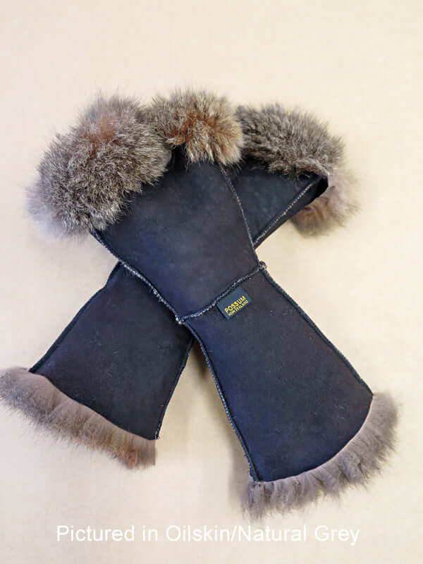 Possum fur gauntlets are women's warm long fingerless gloves hand painted on leather side with fur inside in many colors
