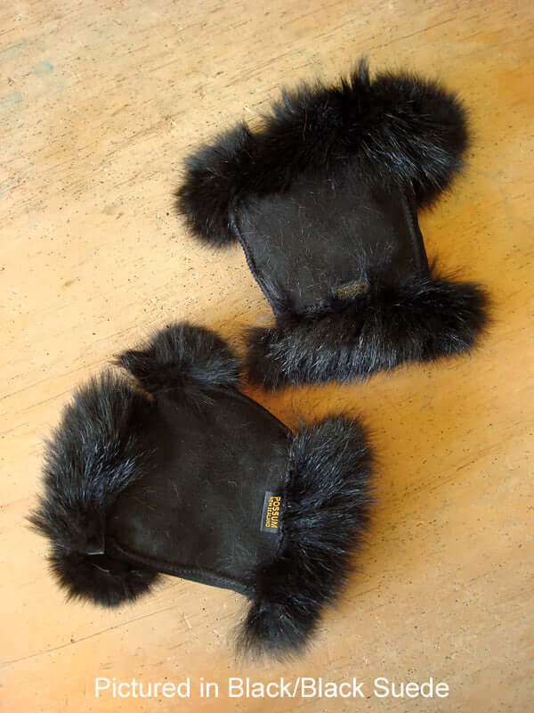 Possum fur mini gauntlets are women's warm fingerless gloves hand painted on leather side with fur inside in many colors