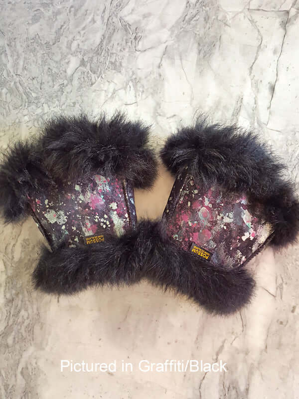 Possum fur mini gauntlets are women's warm fingerless gloves hand painted on leather side with fur inside in many colors