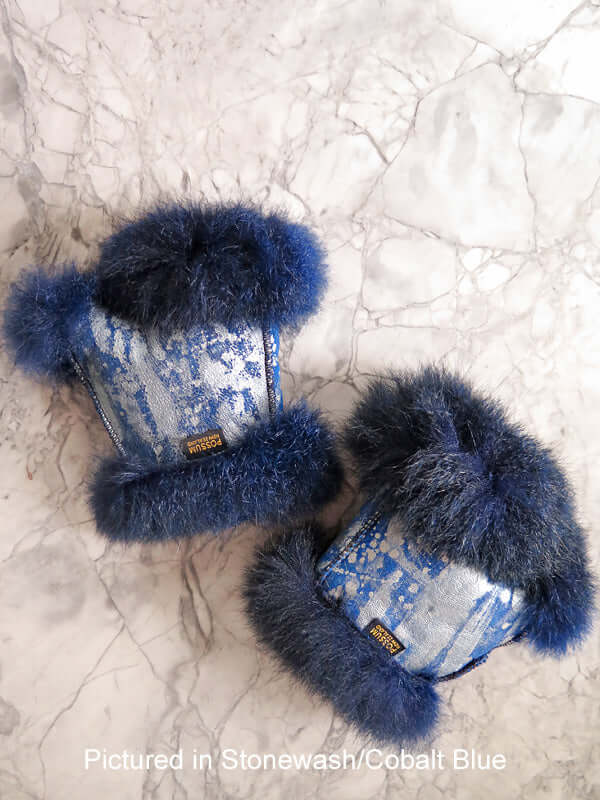 Possum fur mini gauntlets are women's warm fingerless gloves hand painted on leather side with fur inside in many colors