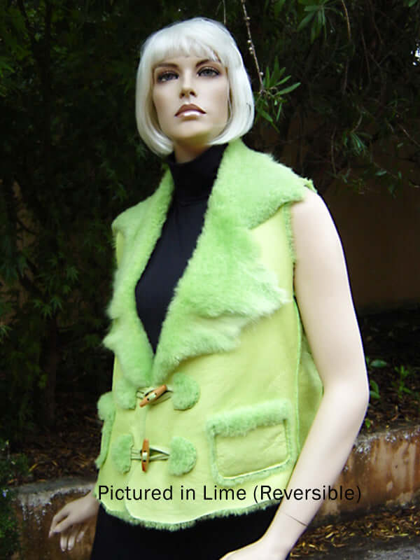 NZ baby lamb women's shearling sheepskin vest in lime green