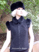 New Zealand baby lamb shearling women's sheepskin vest in Astrakhan finish with NZ possum fur trim in assorted colors