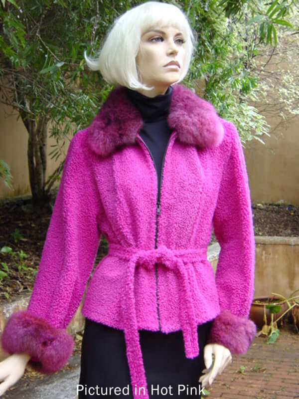 NZ baby lamb shearling women's sheepskin jacket in Astrakhan finish trimmed with NZ possum fur in assorted colors