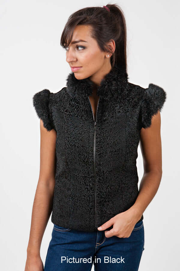 New Zealand baby lamb shearling women's sheepskin vest in Astrakhan finish with NZ possum fur trim in assorted colors