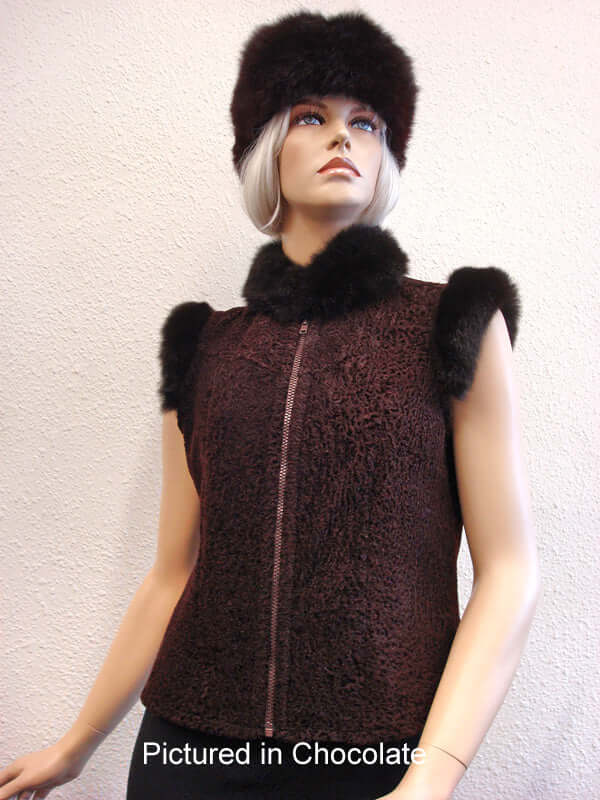 New Zealand baby lamb shearling women's sheepskin vest in Astrakhan finish with NZ possum fur trim in assorted colors