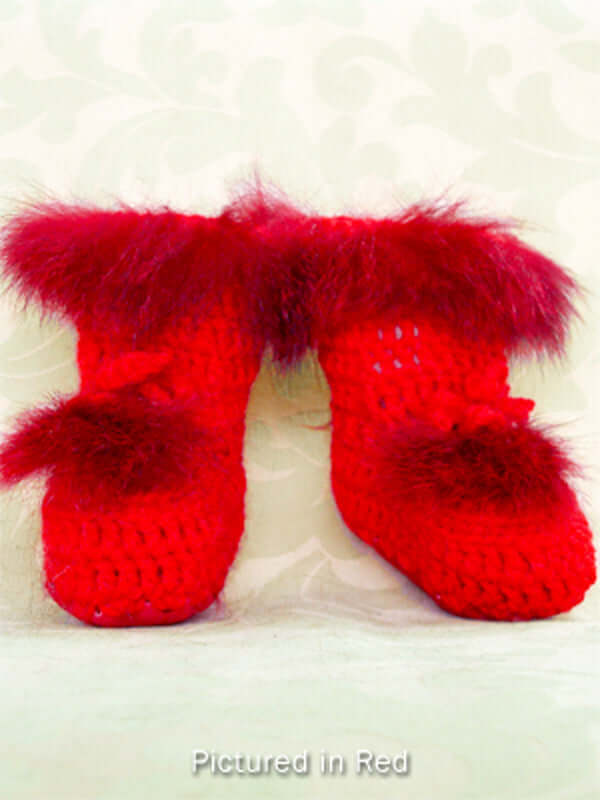 Baby Booties - High cut wool crochet with NZ possum fur trim in red