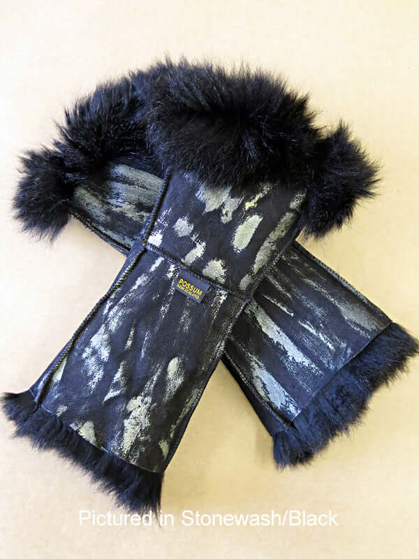 Possum fur gauntlets are women's warm long fingerless gloves hand painted on leather side with fur inside in many colors